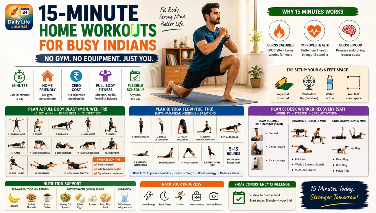 15-minute home workout plan for Indians, showing bodyweight exercises, yoga routines, and small-space fitness setup.