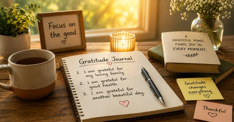 Gratitude journaling notebook with coffee and peaceful morning setup for mental wellness