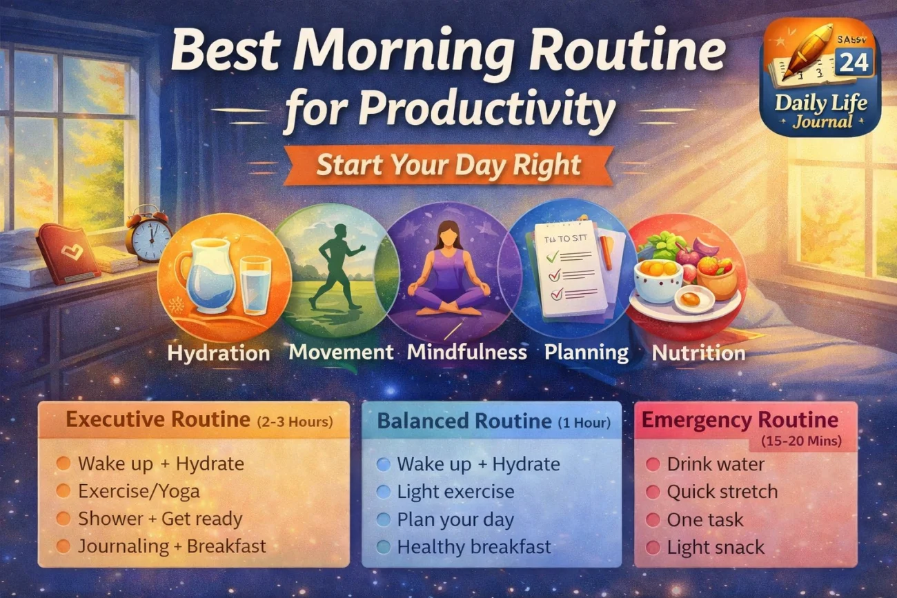 Best morning routine for productivity including hydration, exercise, mindfulness, planning and healthy nutrition habits
