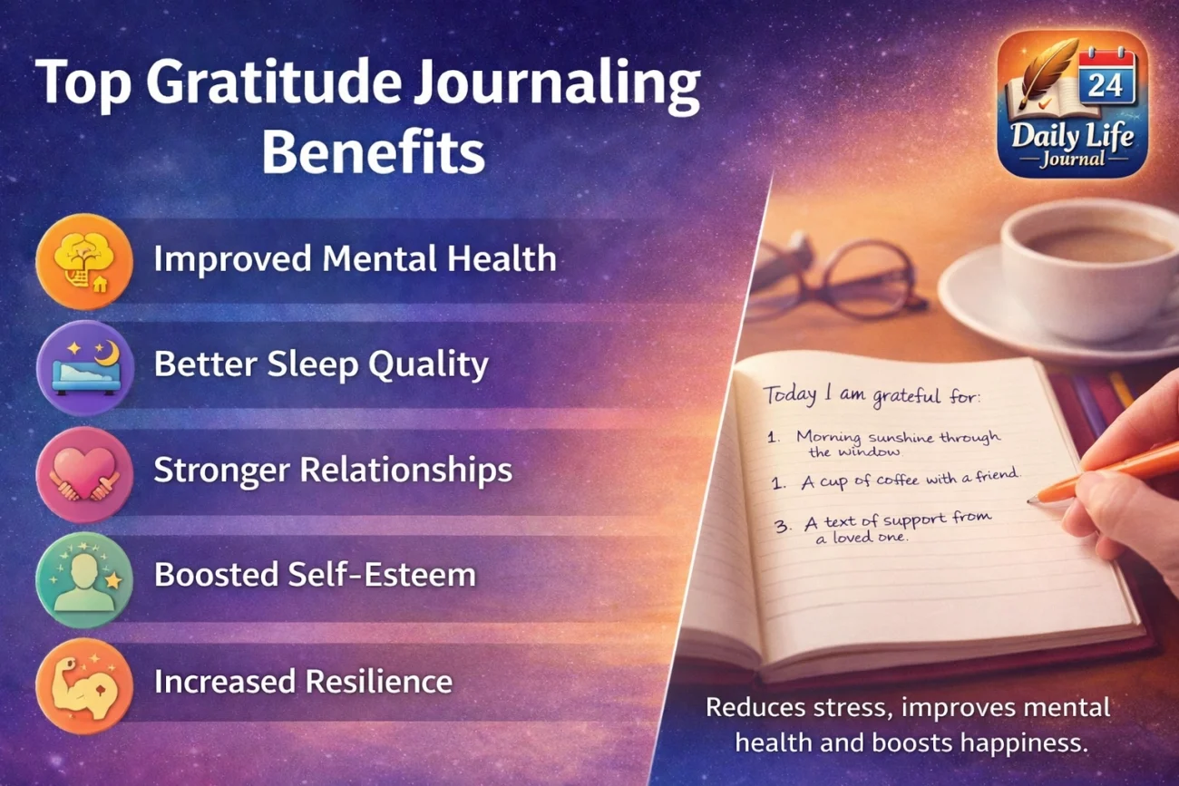 Gratitude journaling benefits including improved mental health, better sleep, stronger relationships, and increased happiness