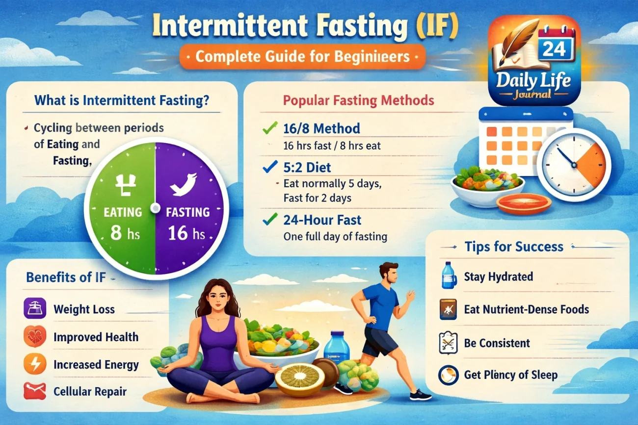 Intermittent Fasting infographic showing 16:8 method, benefits, and beginner tips