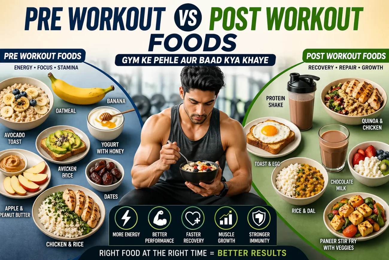 Pre workout vs post workout foods comparison with Indian diet options for gym energy and recovery
