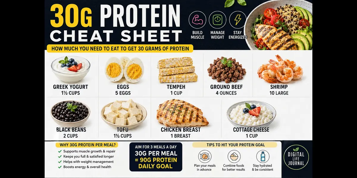 30g protein cheat sheet showing high protein foods and portion sizes for daily nutrition