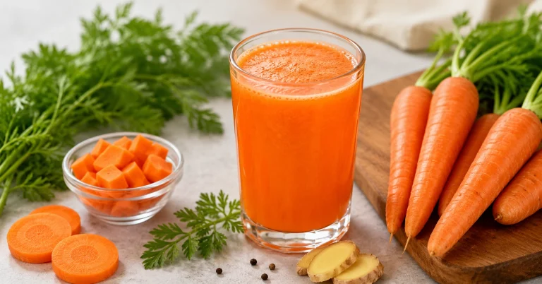 Fresh carrot juice in a glass with raw carrots for healthy glowing skin and natural skin brightening