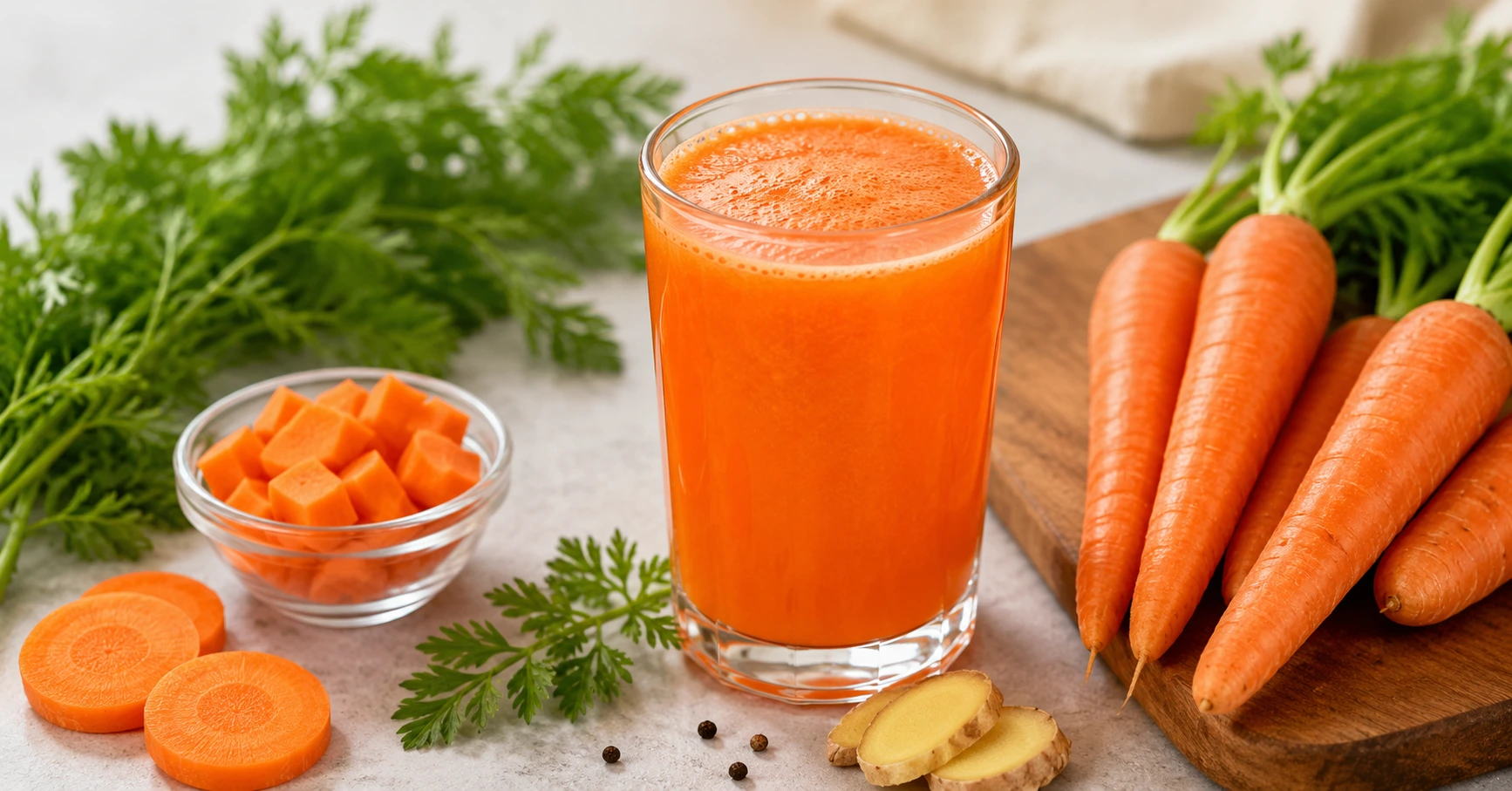 Fresh carrot juice in a glass with raw carrots for healthy glowing skin and natural skin brightening