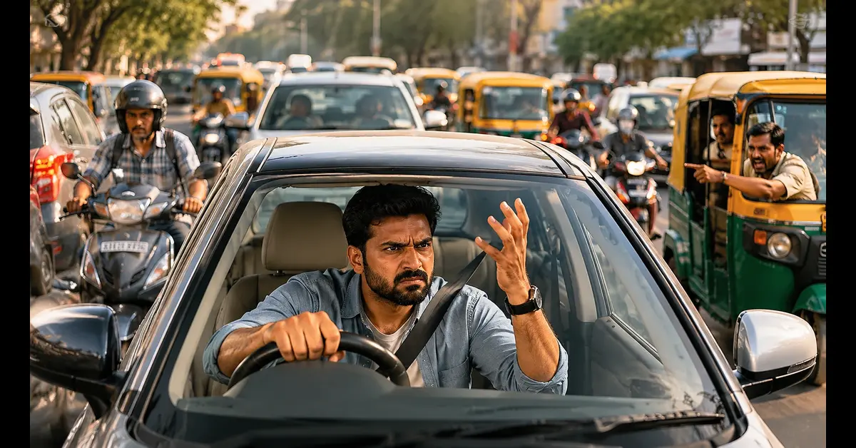 Frustrated driver stuck in heavy Indian traffic showing road rage behavior