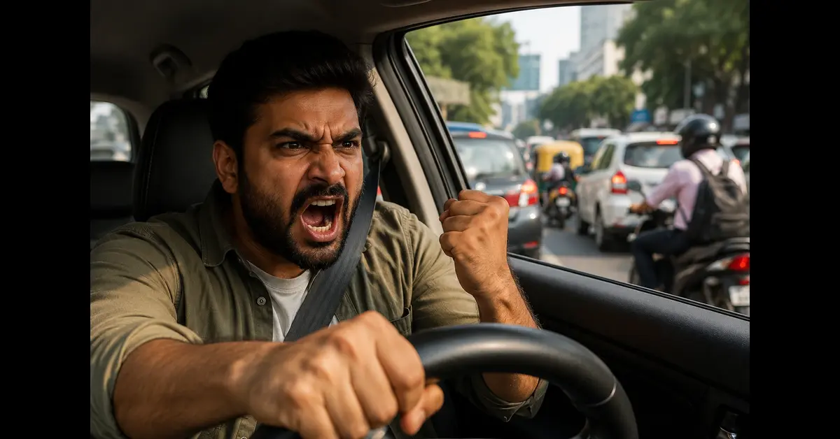 Angry driver shouting in traffic showing road rage and driving frustration