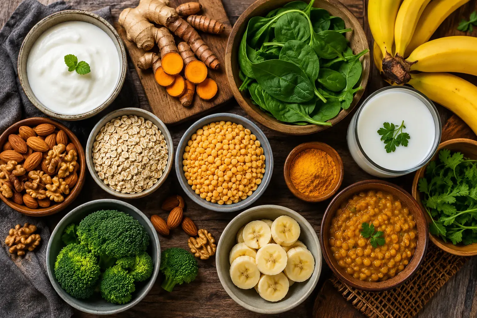 Wholesome gut health foods like curd, bananas, lentils, oats, turmeric, and leafy greens arranged for digestion, immunity, and mood support