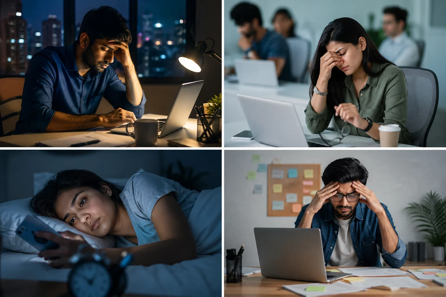 Young Indian professionals experiencing silent burnout symptoms, emotional exhaustion, stress, and digital fatigue in modern work life