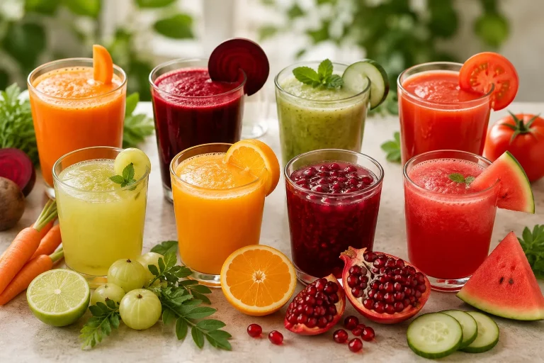 Colorful fresh fruit and vegetable juices in glasses arranged on a table for healthy glowing skin