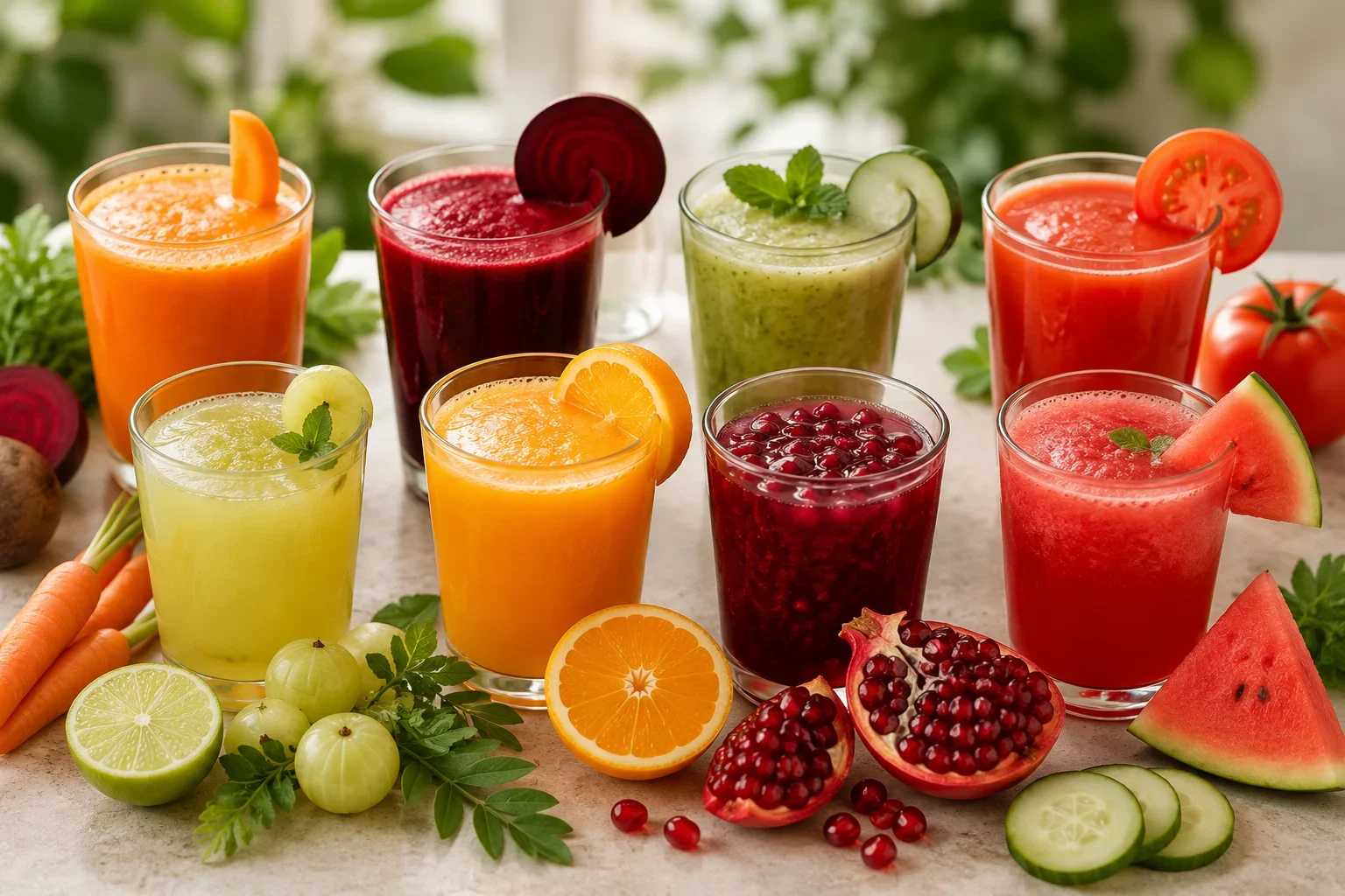Colorful fresh fruit and vegetable juices in glasses arranged on a table for healthy glowing skin