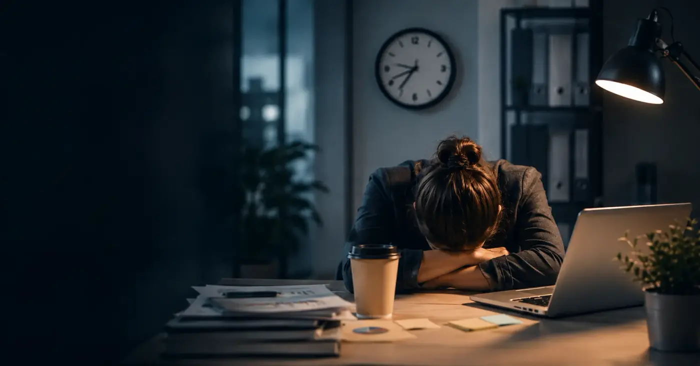 Employees experiencing hustle culture burnout, feeling mentally exhausted while working at a desk in a modern office environment