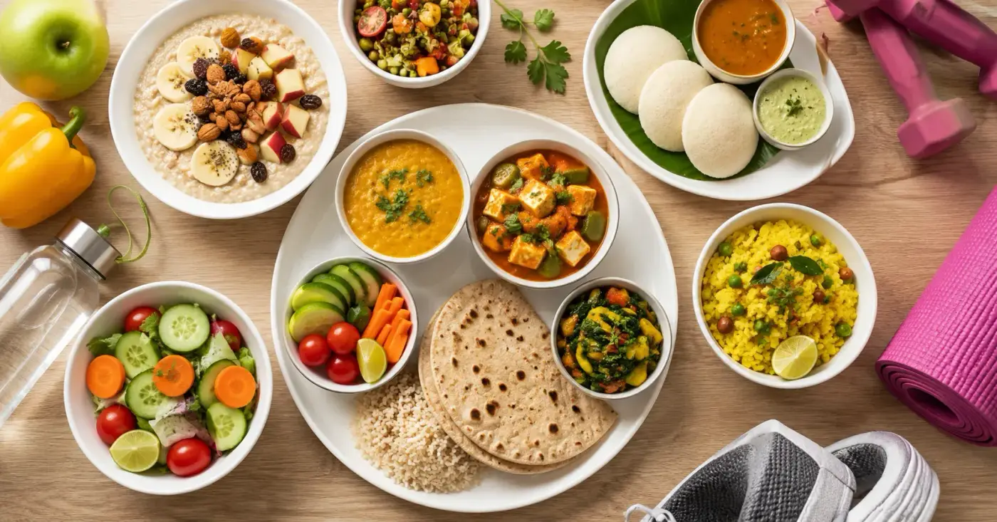 7 day Indian diet plan for weight loss with healthy oats, paneer, dal, roti, poha and idli meals arranged on wooden table