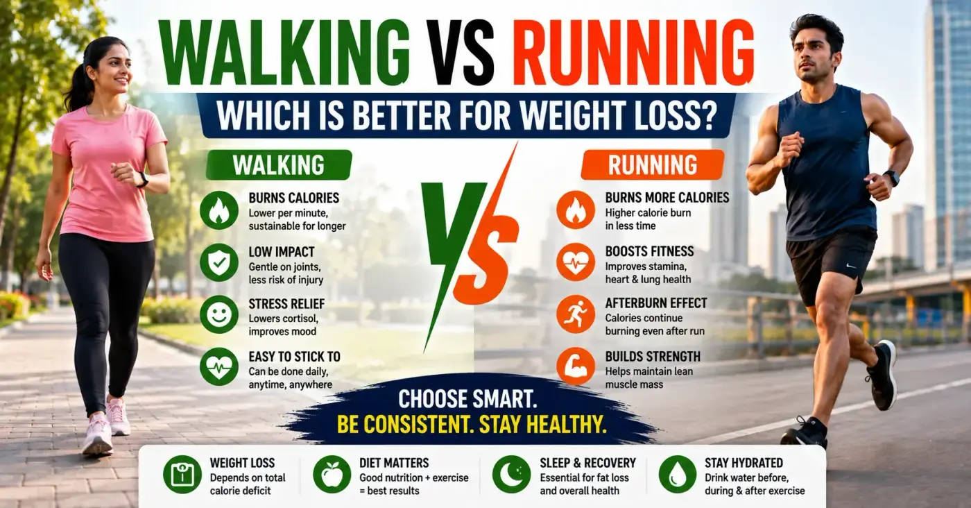 Walking vs running for weight loss comparison showing fat loss, calorie burn and fitness benefits for Indians