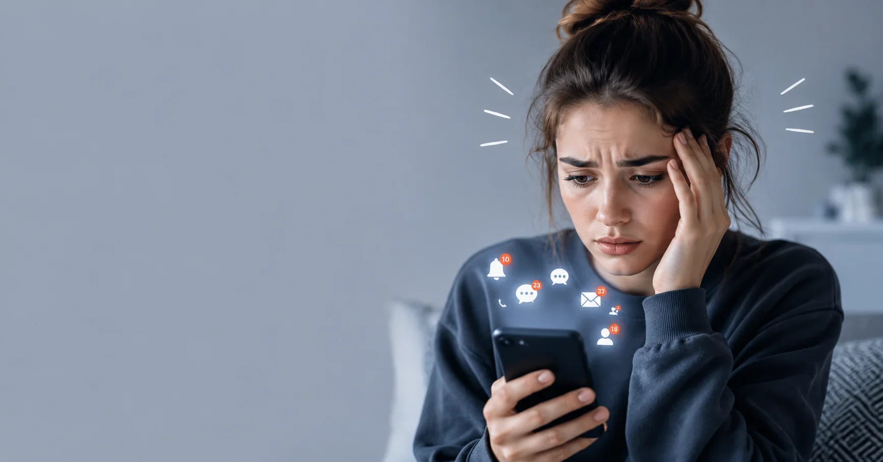 Phone anxiety telephonophobia with a stressed person holding a smartphone and notification icons.