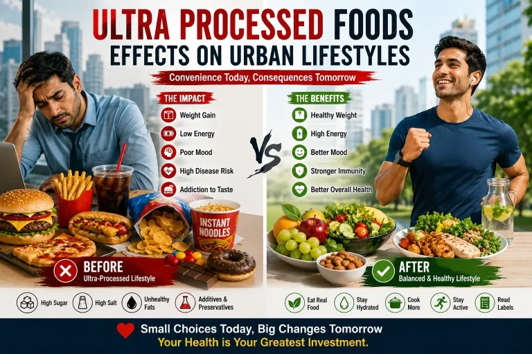 Ultra processed foods effects on urban lifestyles showing unhealthy fast food habits versus healthy eating and active living choices.