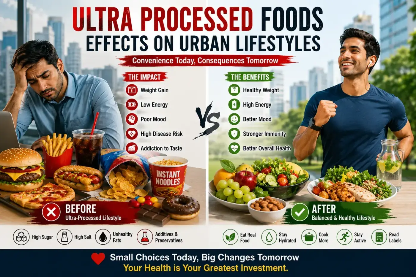 Ultra processed foods effects on urban lifestyles showing unhealthy fast food habits versus healthy eating and active living choices.