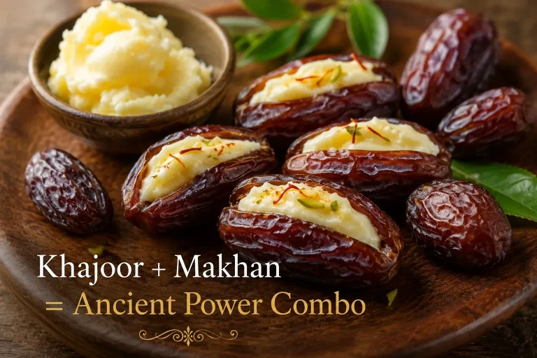 Fresh khajoor (dates) stuffed with creamy desi makhan on a wooden plate, with a bowl of butter, saffron strands, and green leaves in warm natural light. Text overlay reads “Khajoor + Makhan = Ancient Power Combo”.