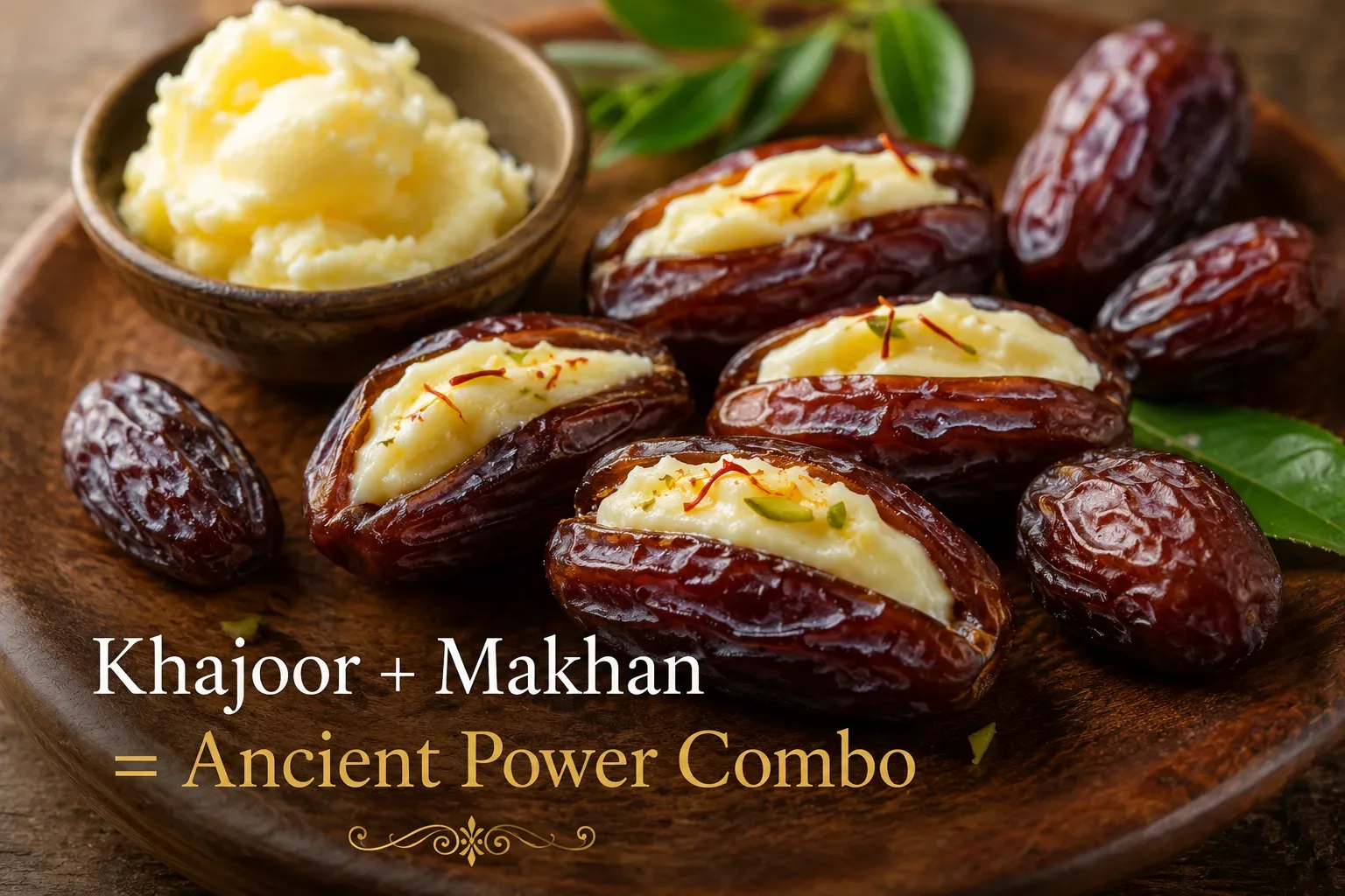 Fresh khajoor (dates) stuffed with creamy desi makhan on a wooden plate, with a bowl of butter, saffron strands, and green leaves in warm natural light. Text overlay reads “Khajoor + Makhan = Ancient Power Combo”.