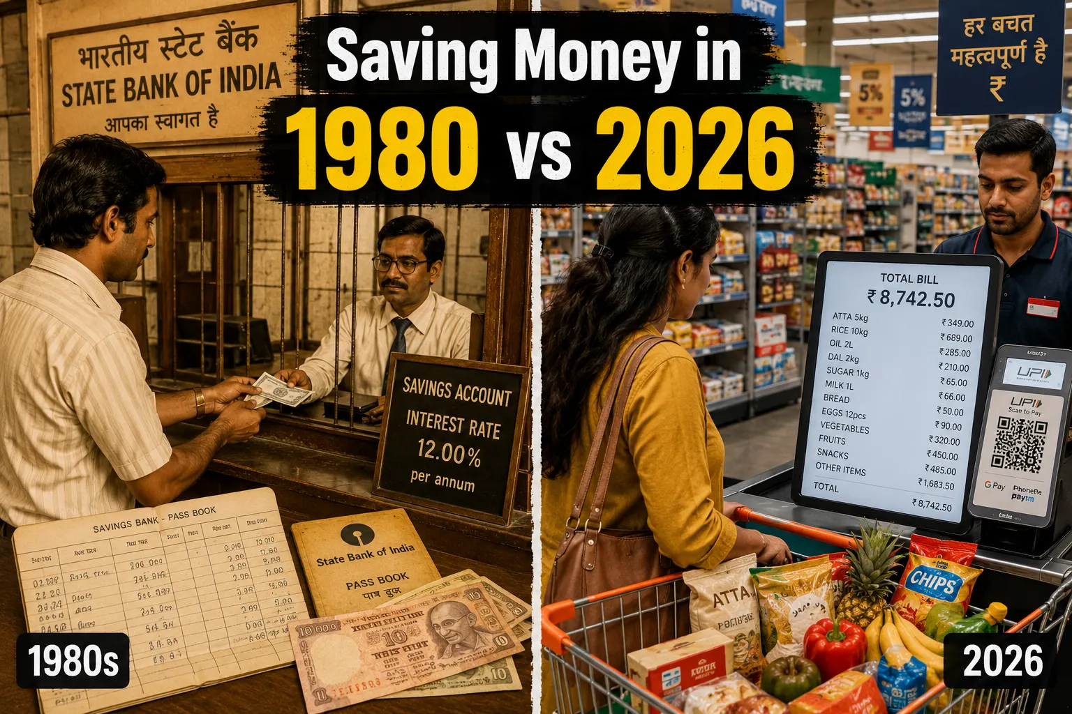 1980 vs 2026 savings comparison in India showing vintage bank cash deposit and modern supermarket high bill checkout