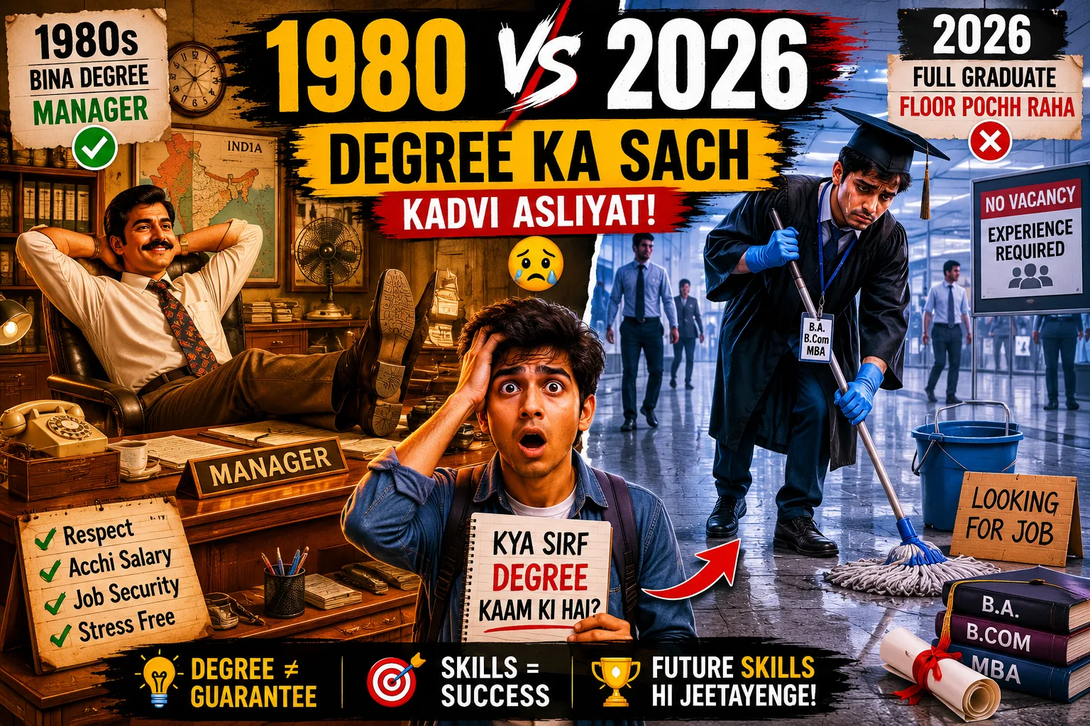 1980 vs 2026 degree value comparison showing relaxed 1980s manager and unemployed graduate mopping floor in modern India