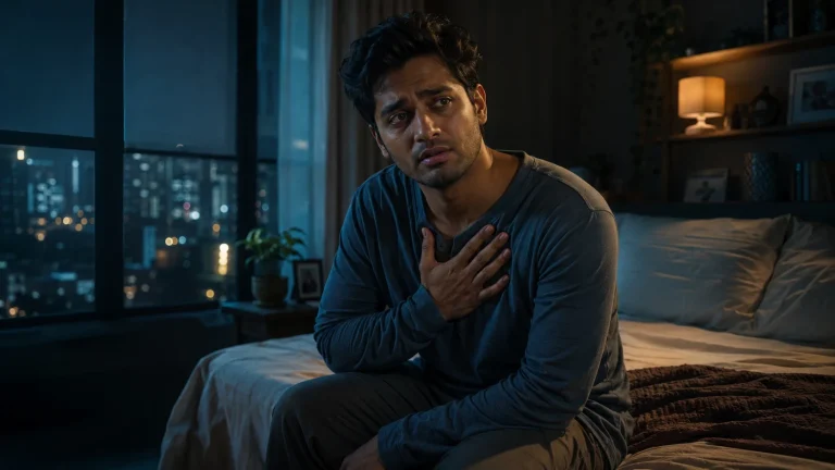 Young Indian man sitting on the edge of a bed at night with hand on chest, looking anxious and thoughtful in a dimly lit bedroom with city lights glowing through the window.