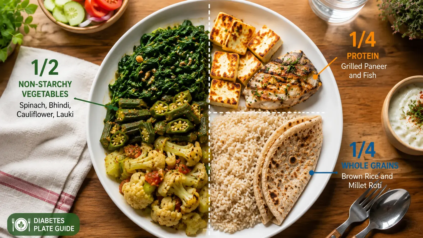 Diabetes Plate Guide showing a healthy Indian meal with non-starchy vegetables, grilled paneer and fish, brown rice, and millet roti arranged on a white dinner plate.