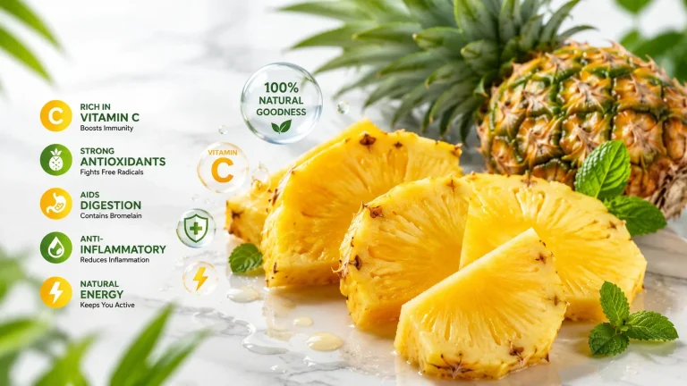 Fresh pineapple slices with juice droplets on a white marble background alongside a whole pineapple, highlighting vitamin C, antioxidants, digestion, and natural energy benefits.