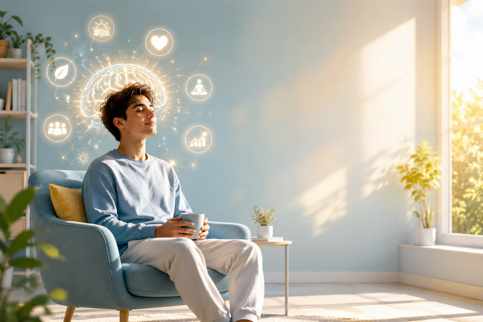 Young person practicing positive thinking and mindfulness in a calm, bright room representing mental clarity and emotional balance