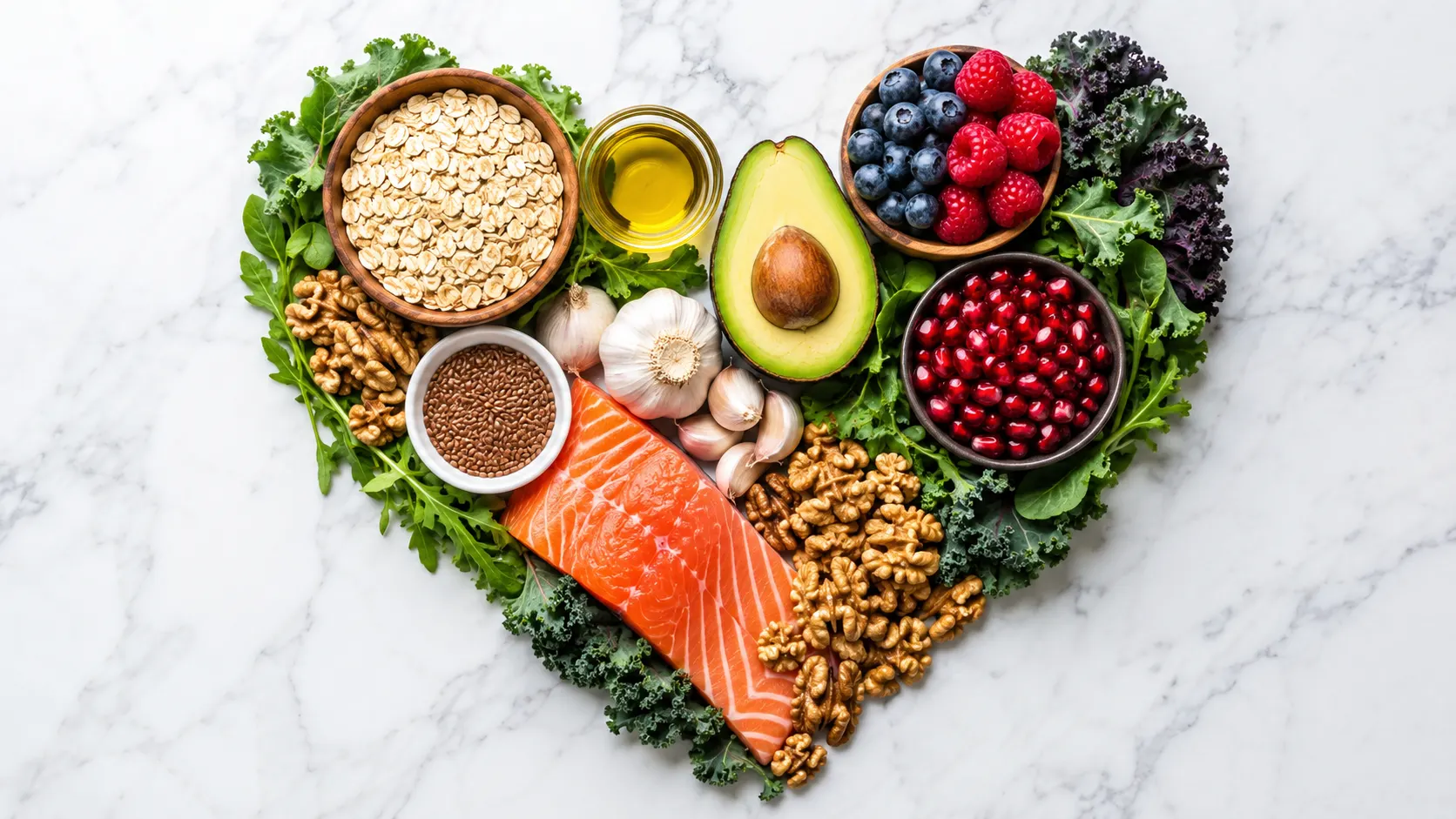 Heart-shaped arrangement of healthy foods including oats, avocado, berries, salmon, walnuts, leafy greens, garlic, flaxseeds, pomegranate, and olive oil on a white marble background.