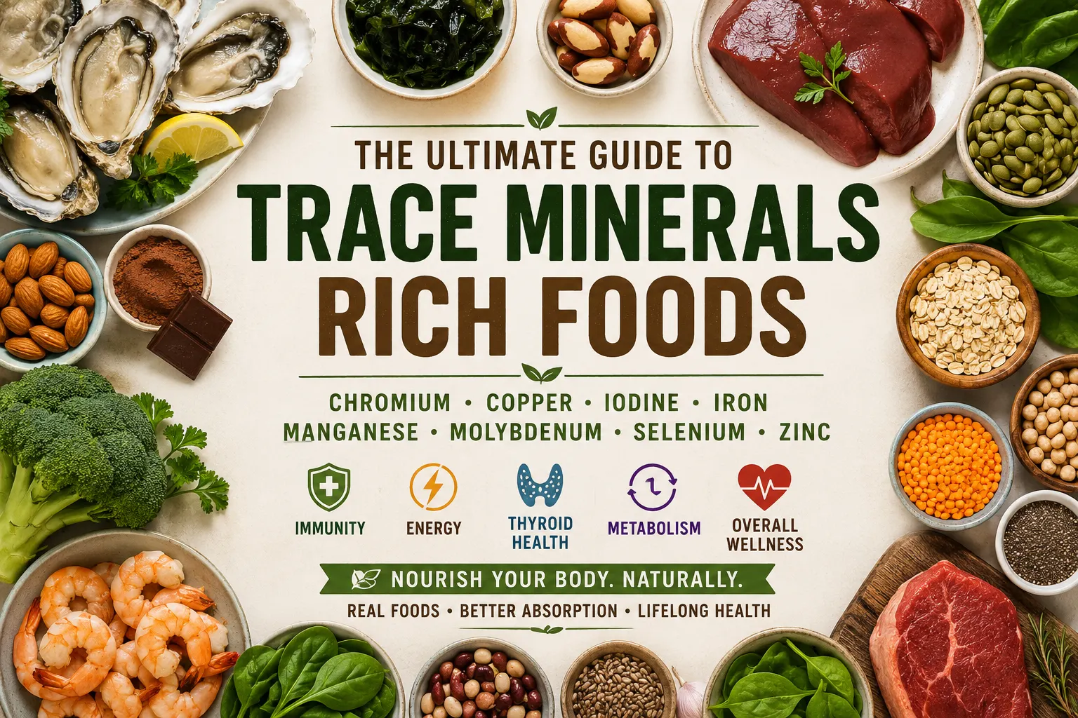 Infographic showing trace minerals rich foods like oysters, liver, spinach, broccoli, nuts, seeds, shrimp, oats, lentils, and red meat surrounding bold center text about immunity, energy, thyroid health, metabolism, and overall wellness.