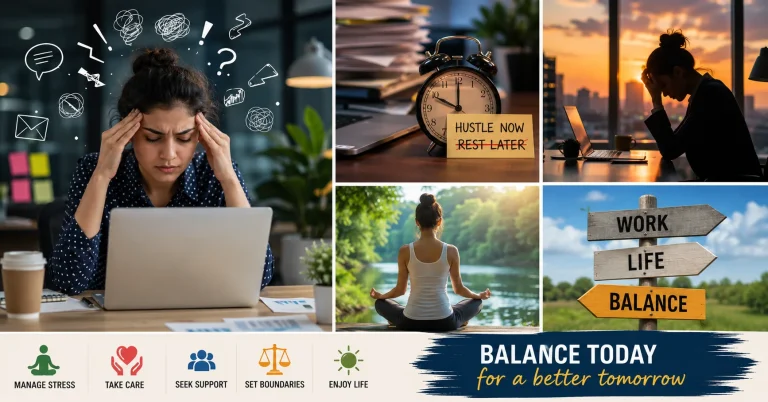 Hustle culture burnout concept showing stressed working woman with laptop, mental overload, and work-life balance visuals like meditation and relaxation