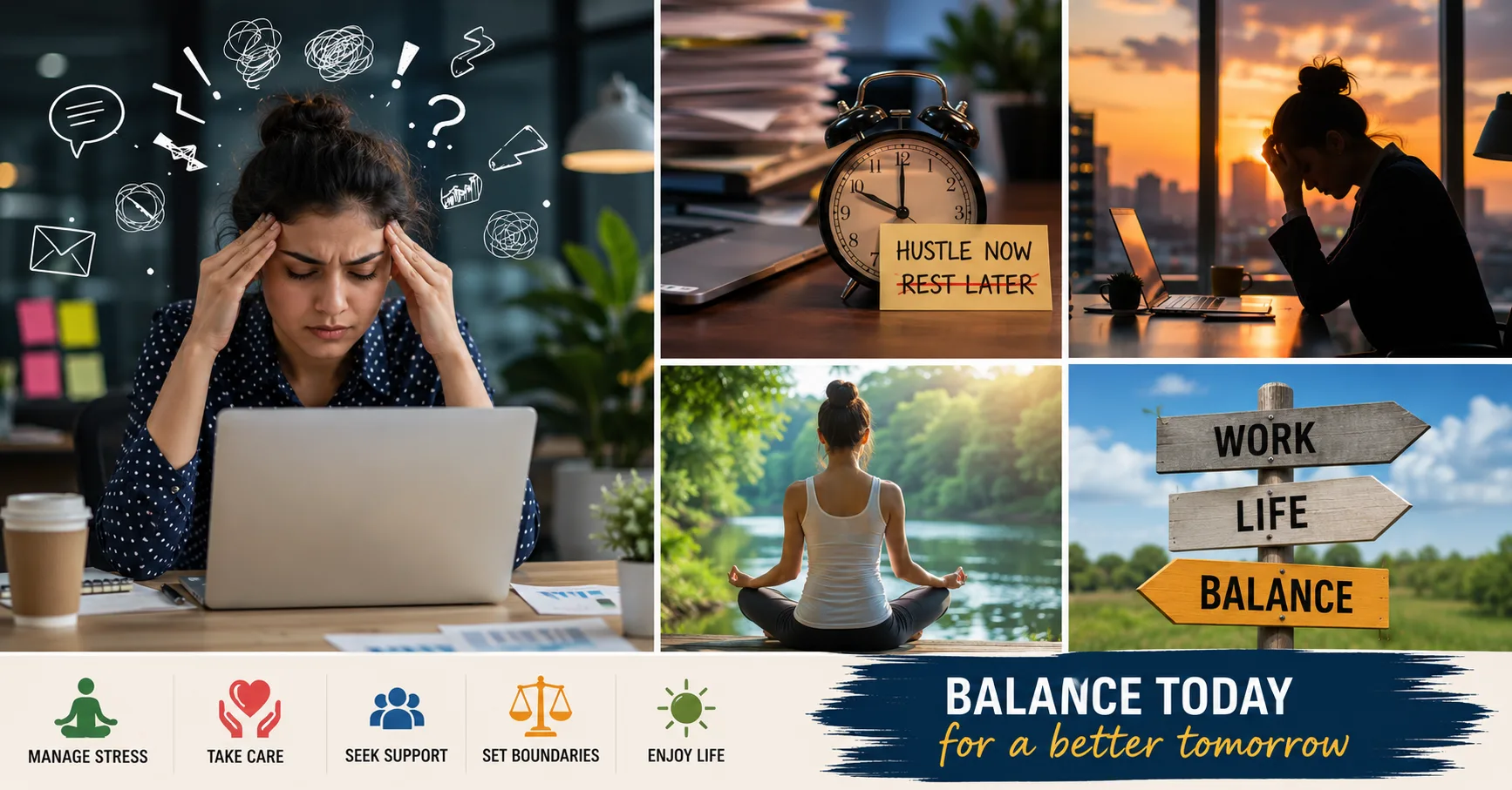 Hustle culture burnout concept showing stressed working woman with laptop, mental overload, and work-life balance visuals like meditation and relaxation