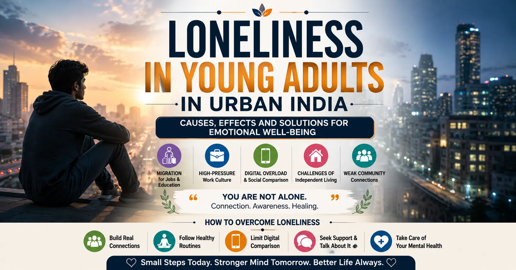 Loneliness in young adults in urban India showing a person sitting alone overlooking a city skyline with emotional isolation and mental health concept
