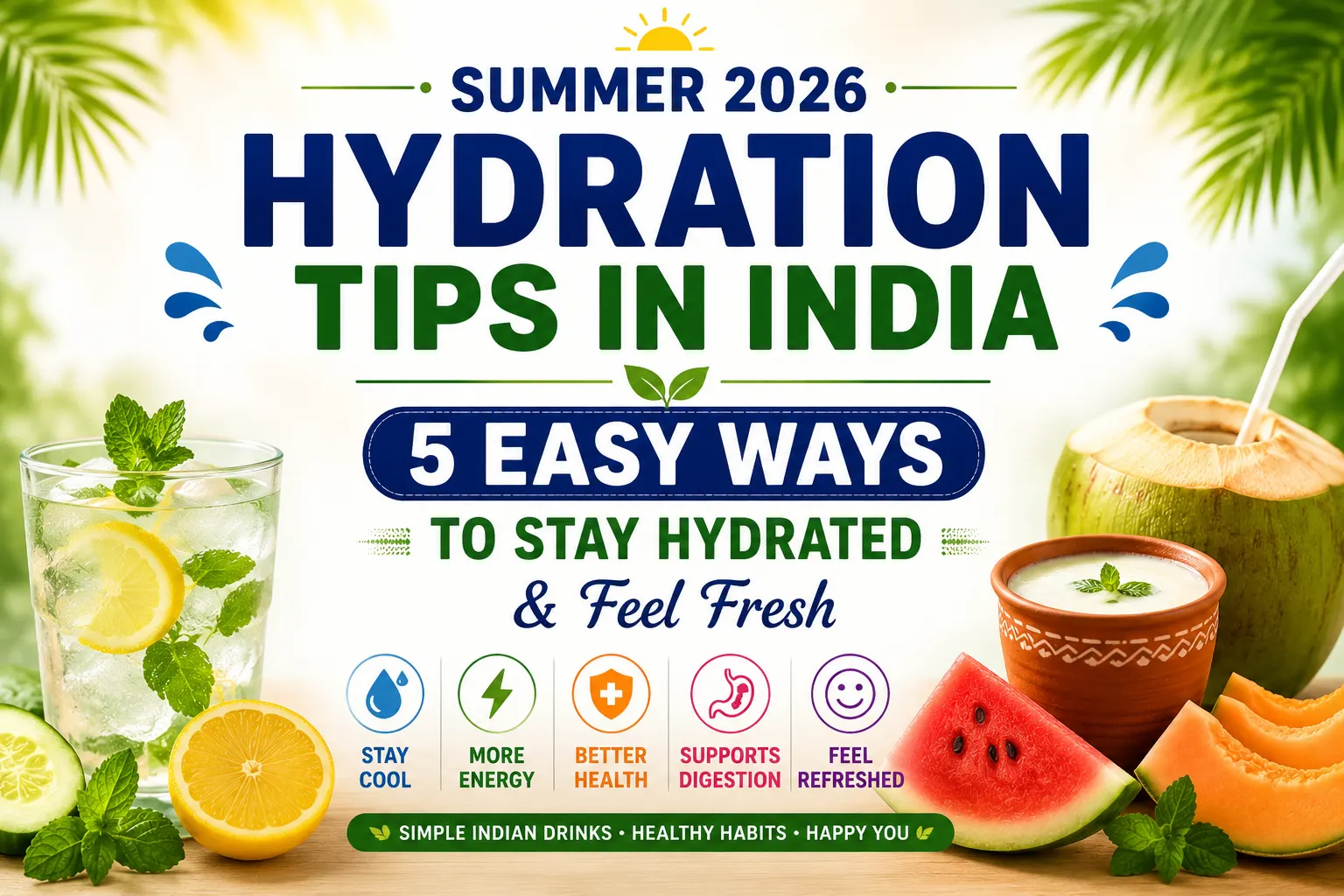 Summer hydration tips in India 2026 with healthy drinks fruits and easy hydration habits