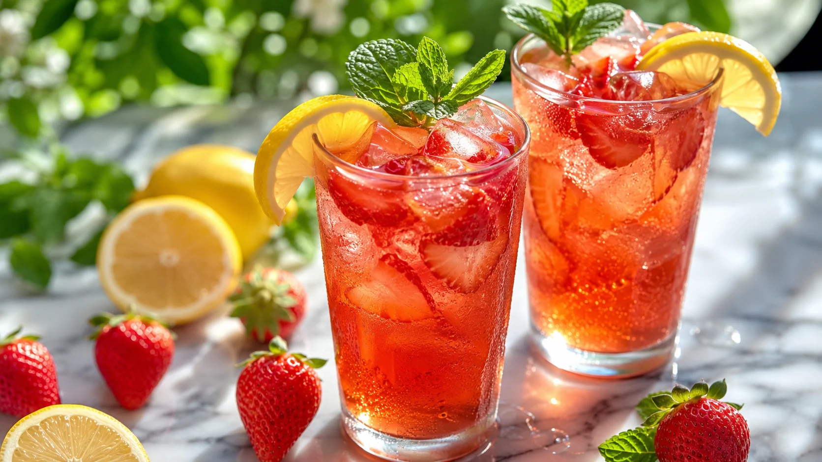 Two tall glasses of strawberry iced tea with ice cubes, fresh strawberry slices, lemon wedges, and mint leaves on a marble surface