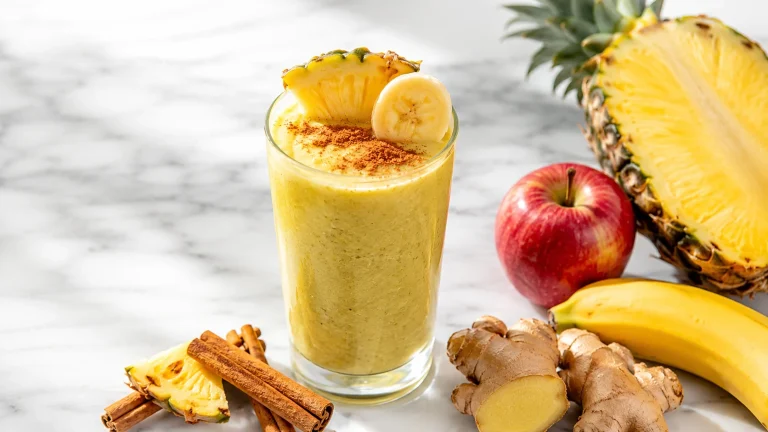 Tall glass of creamy pineapple smoothie with banana slice, pineapple wedge, ginger, apple, and cinnamon on a marble surface