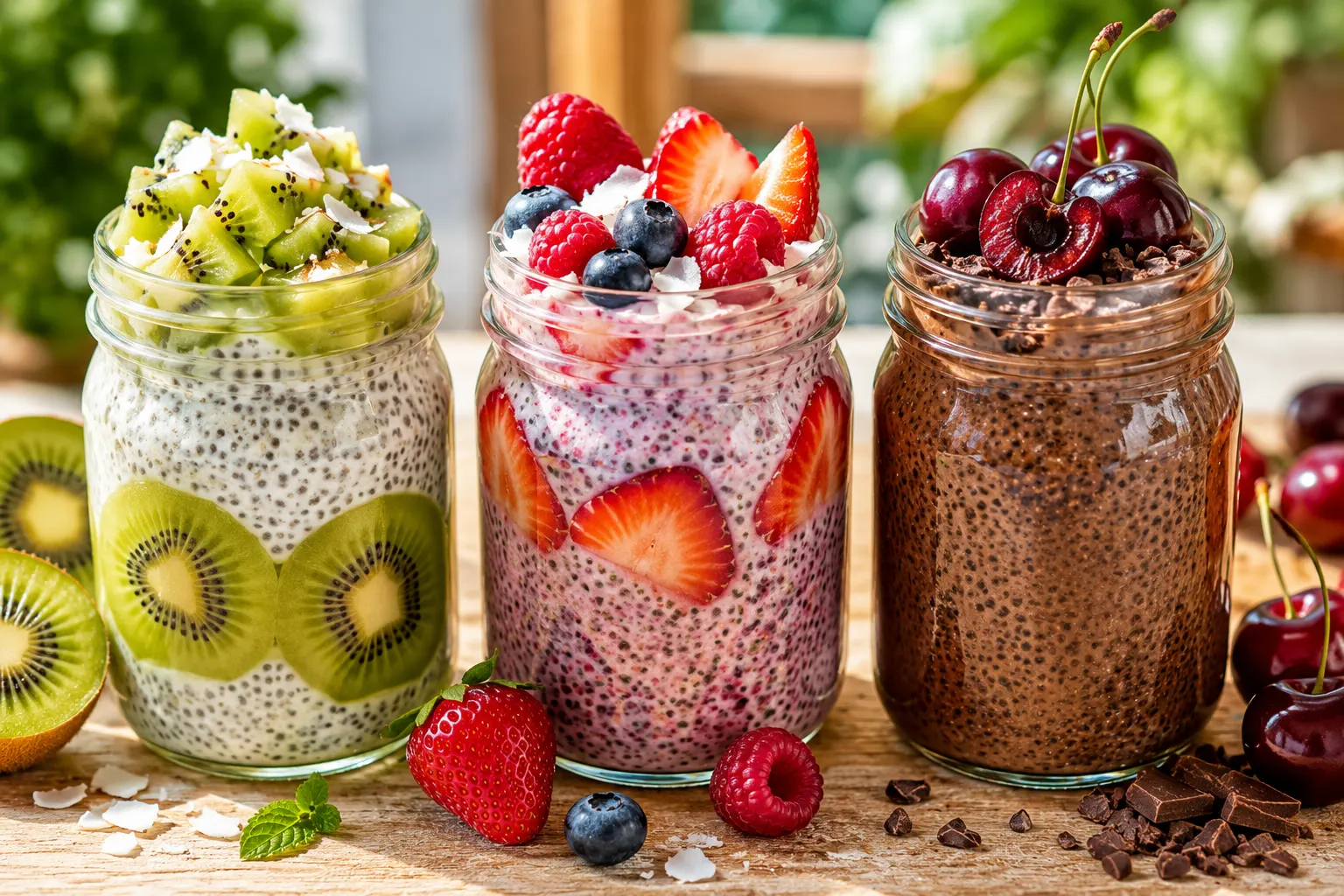Three mason jars of summer chia pudding with kiwi coconut berry coconut and chocolate cherry toppings on a bright wooden table