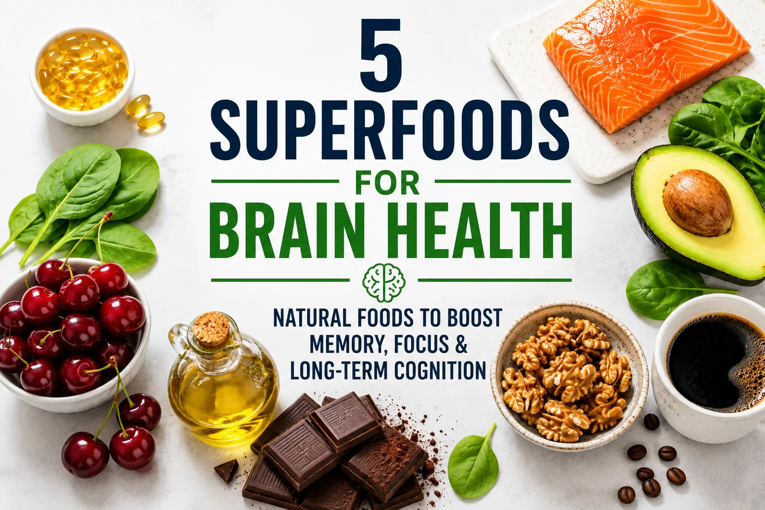 5 superfoods for brain health including salmon, walnuts, olive oil, dark chocolate, avocado, and black coffee for better memory and focus