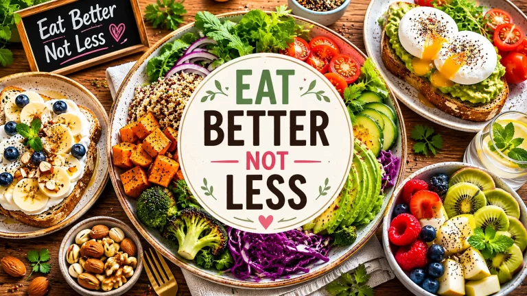 Eat Better Not Less healthy meal flat lay with salmon quinoa salad avocado toast and fresh fruit