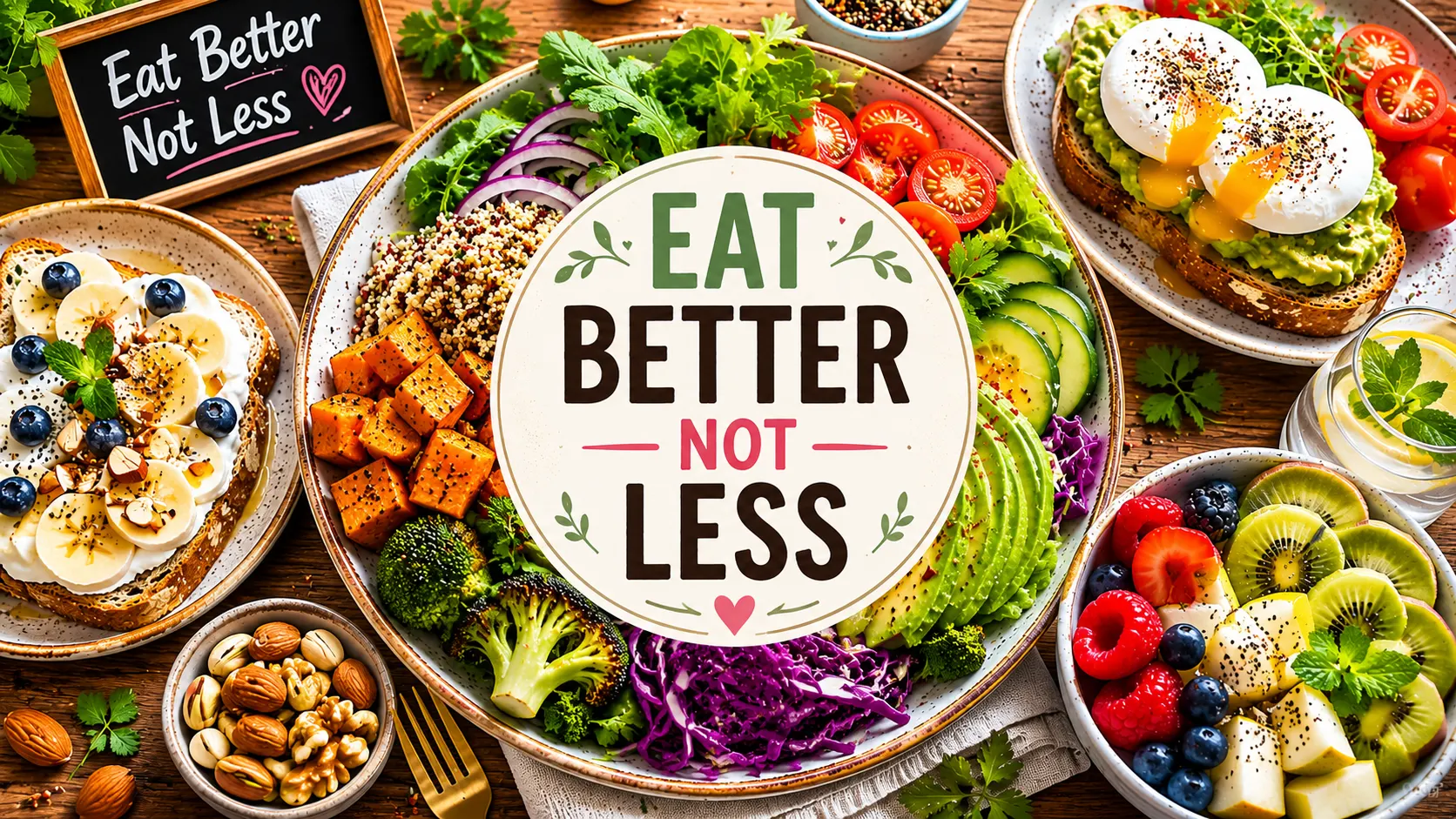 Eat Better Not Less healthy meal flat lay with salmon quinoa salad avocado toast and fresh fruit
