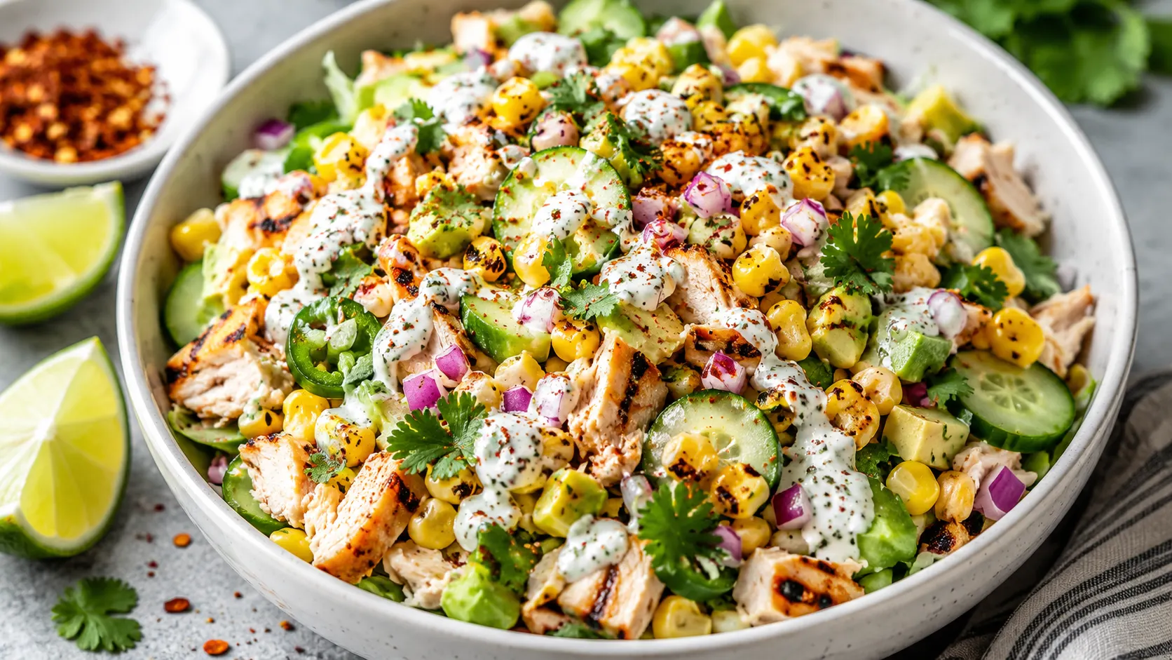 Street corn cucumber salad with chicken, sweet corn, cucumbers, jalapeños, cilantro, and creamy Greek yogurt dressing in a white bowl