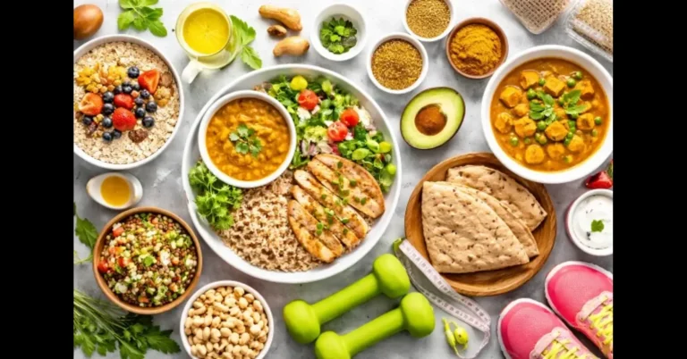 Healthy Indian diet plan for weight loss featuring roti, dal, brown rice, salad, and yogurt in a balanced meal