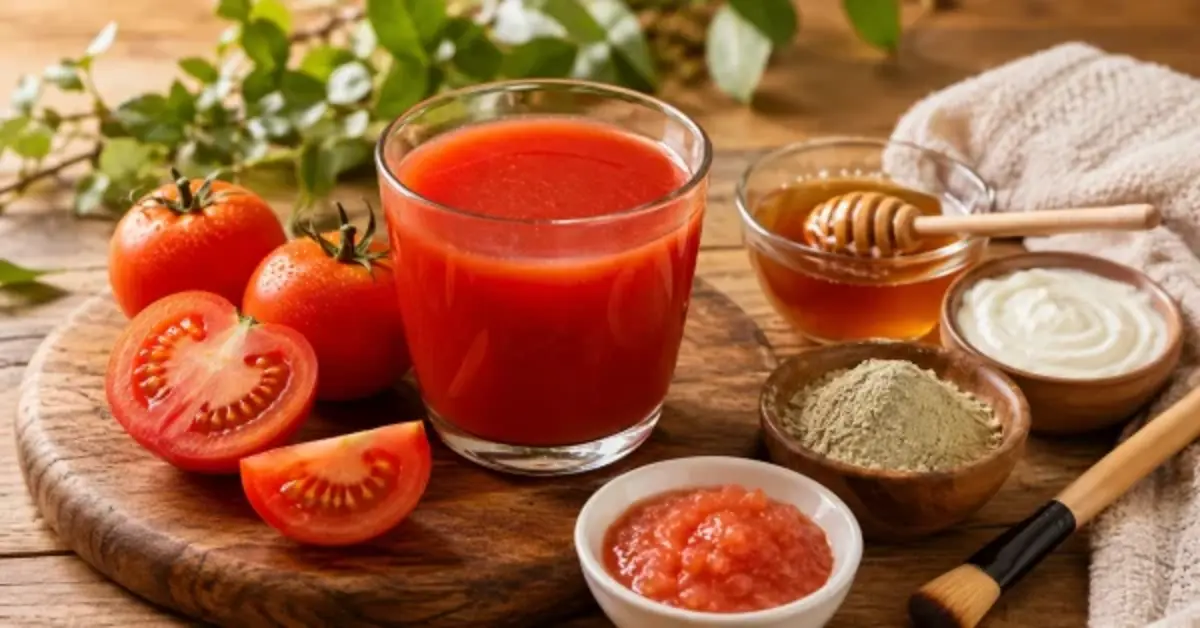 Tomato juice for skin whitening with fresh tomatoes and DIY face mask ingredients
