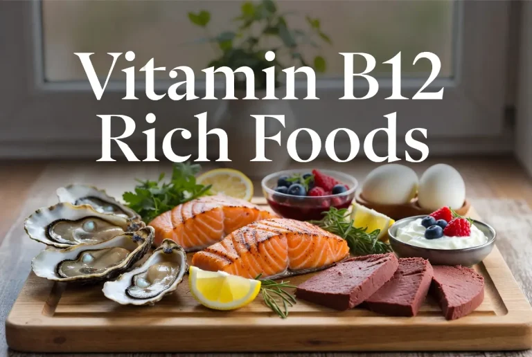 Delicious assortment of Vitamin B12 rich foods including clams, salmon, liver, eggs and yogurt