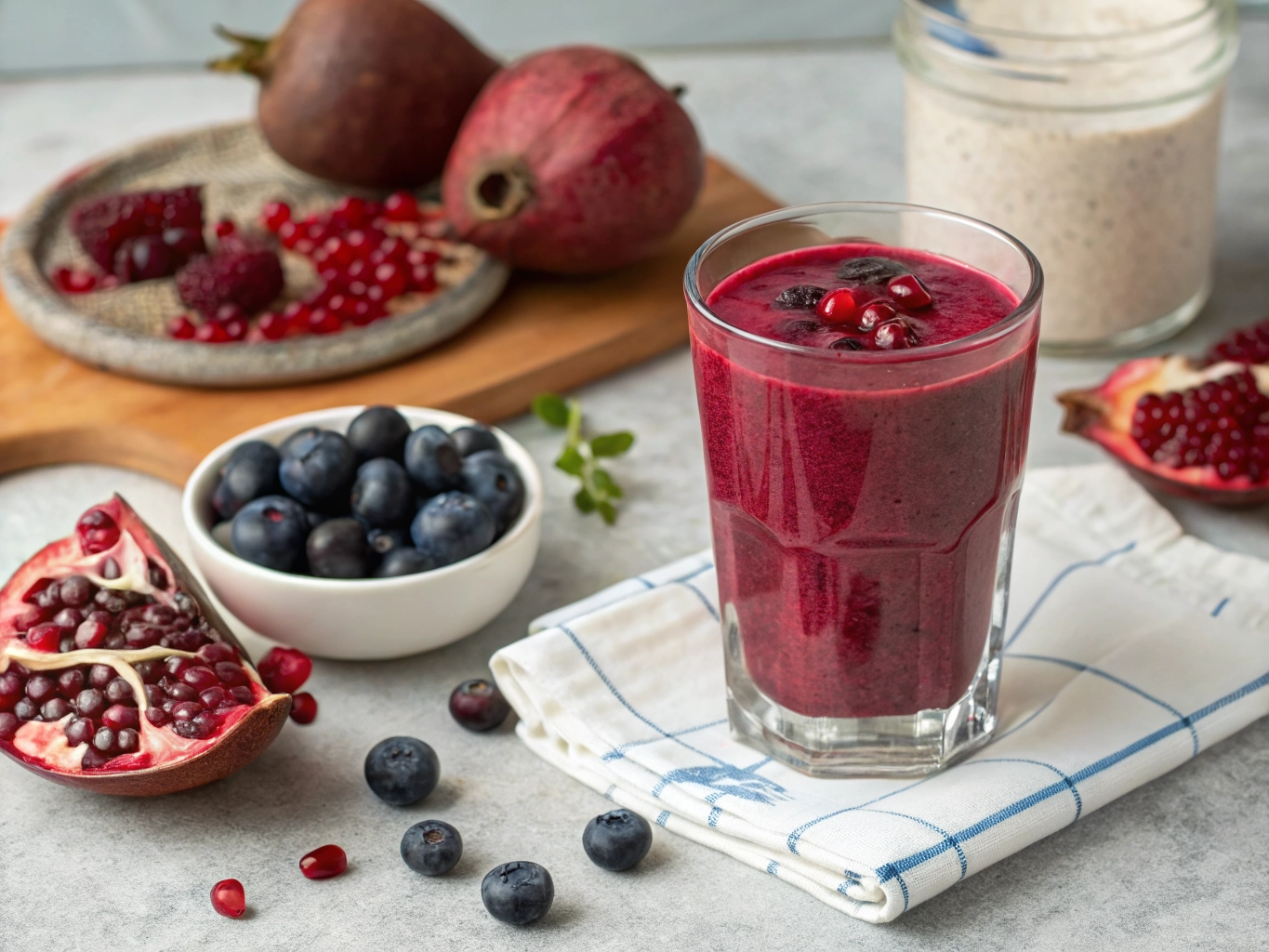 Men's vitality smoothie in a tall glass with beet, blueberries, and pomegranate juice