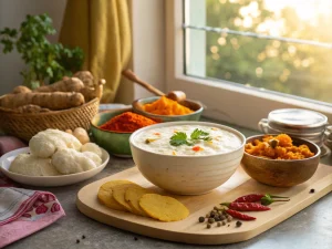 Gut health foods including dahi, fermented foods, fruits, vegetables, and Indian spices for better digestion and immunity