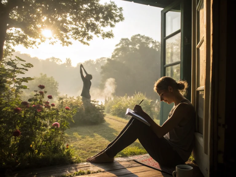Self care routine for mental health with journaling, meditation, sleep, exercise, and healthy food