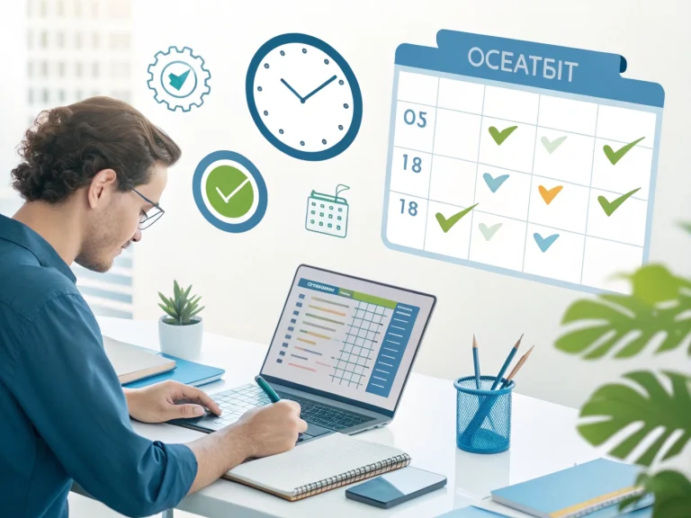 Professional organizing tasks and managing time effectively with productivity tools, planner, and laptop in a modern workspace.