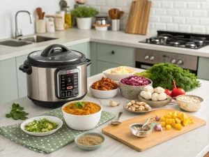 Kitchen hacks for Indian cooking with organized spices and meal prep ingredients
